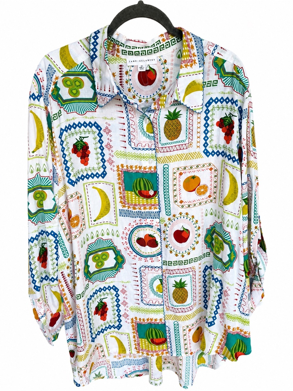 Jane + Delancey Linen Blend Fruit Patchwork Button Up Blouse 2x